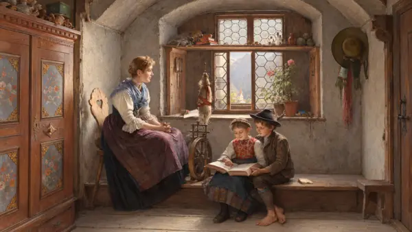 Eine Frau sitzt in einer bäuerlichen Stube am Fenster, während zwei Kinder gemeinsam in einem aufgeschlagenen Buch lesen.