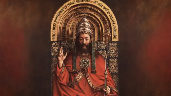 Jesus Christus sitzt mit päpstlicher Tiara und rotem Gewand auf einem reich verzierten Thron, die rechte Hand zum Segen erhoben und ein Zepter in der Linken.