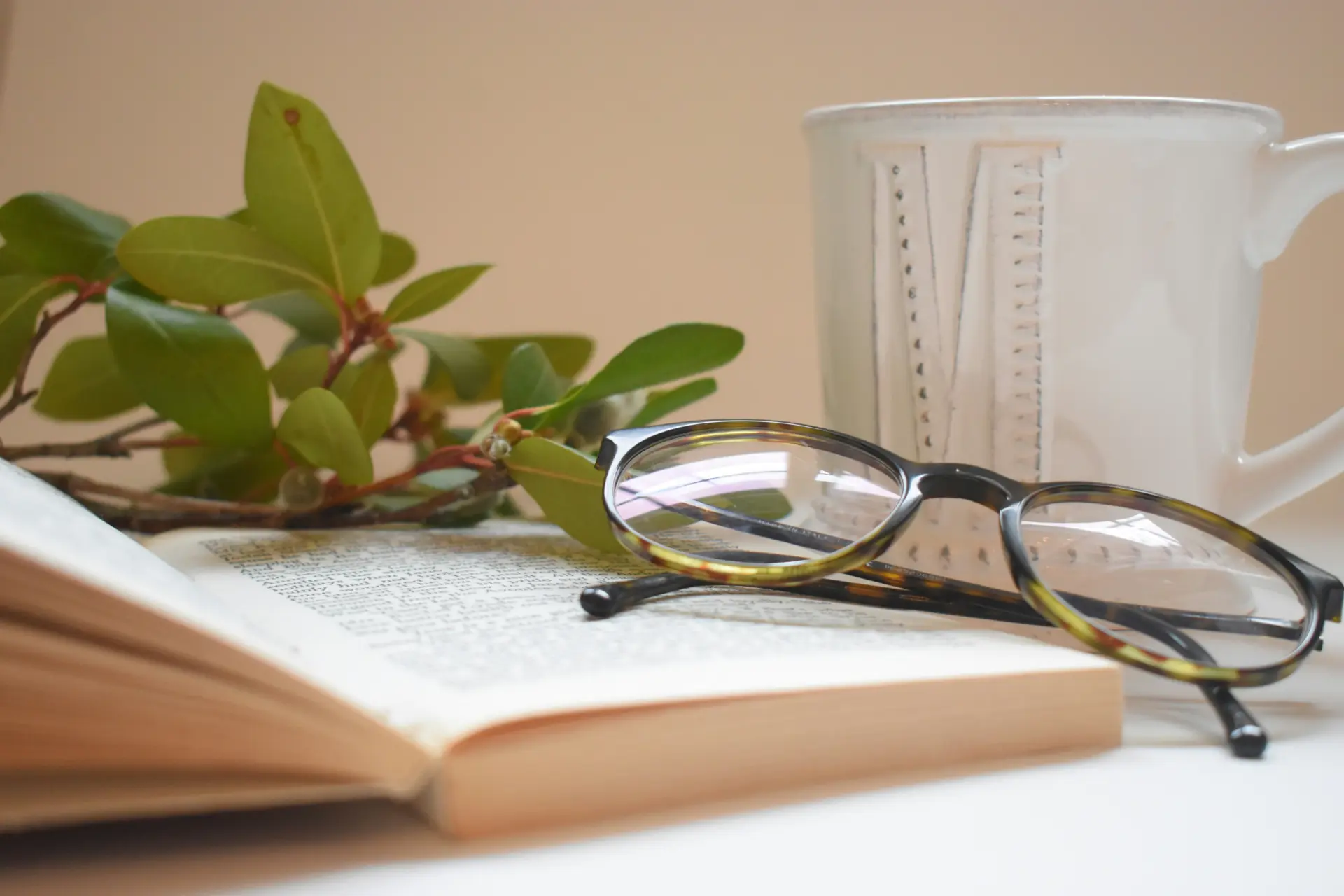 offenes Buch, Brille, Tasse